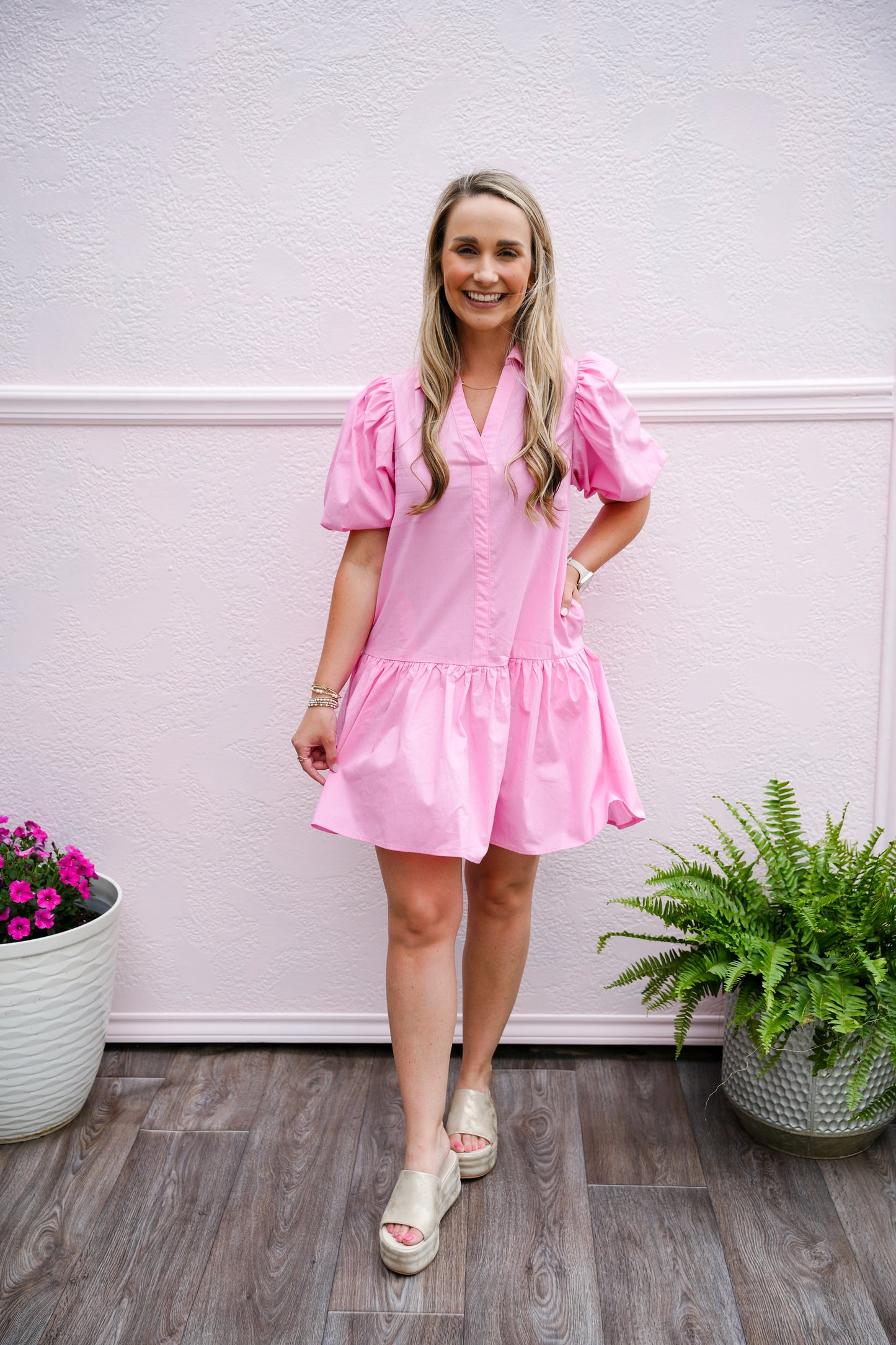 Collared Tiered Mini Dress - Pink - Southern Belle Boutique