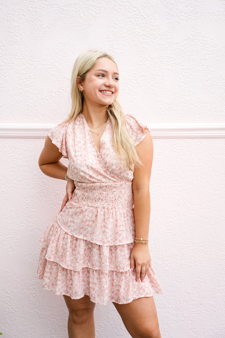 Floral Butterfly Short Sleeve Ruffle Mini Dress