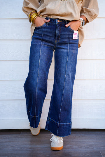 Tummy Control Mid Rise Crop Wide Pintuck Front Jeans - Deep Blue