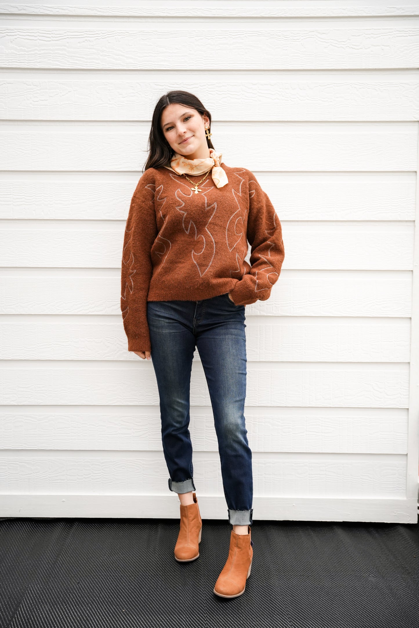 Western Boots Stitched Sweater - Southern Belle Boutique