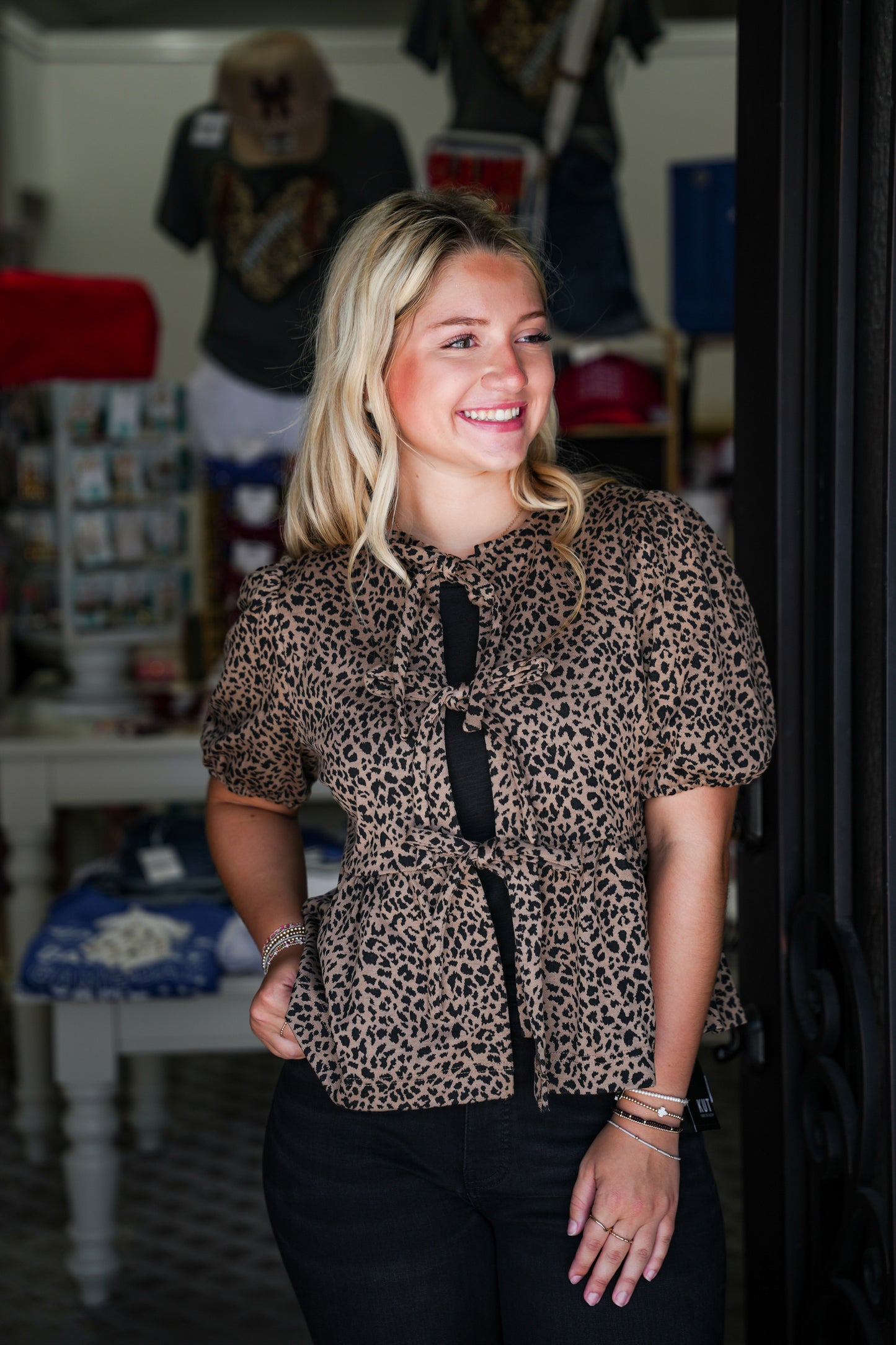 LeopardPrint Tie Front Blouse - Southern Belle Boutique