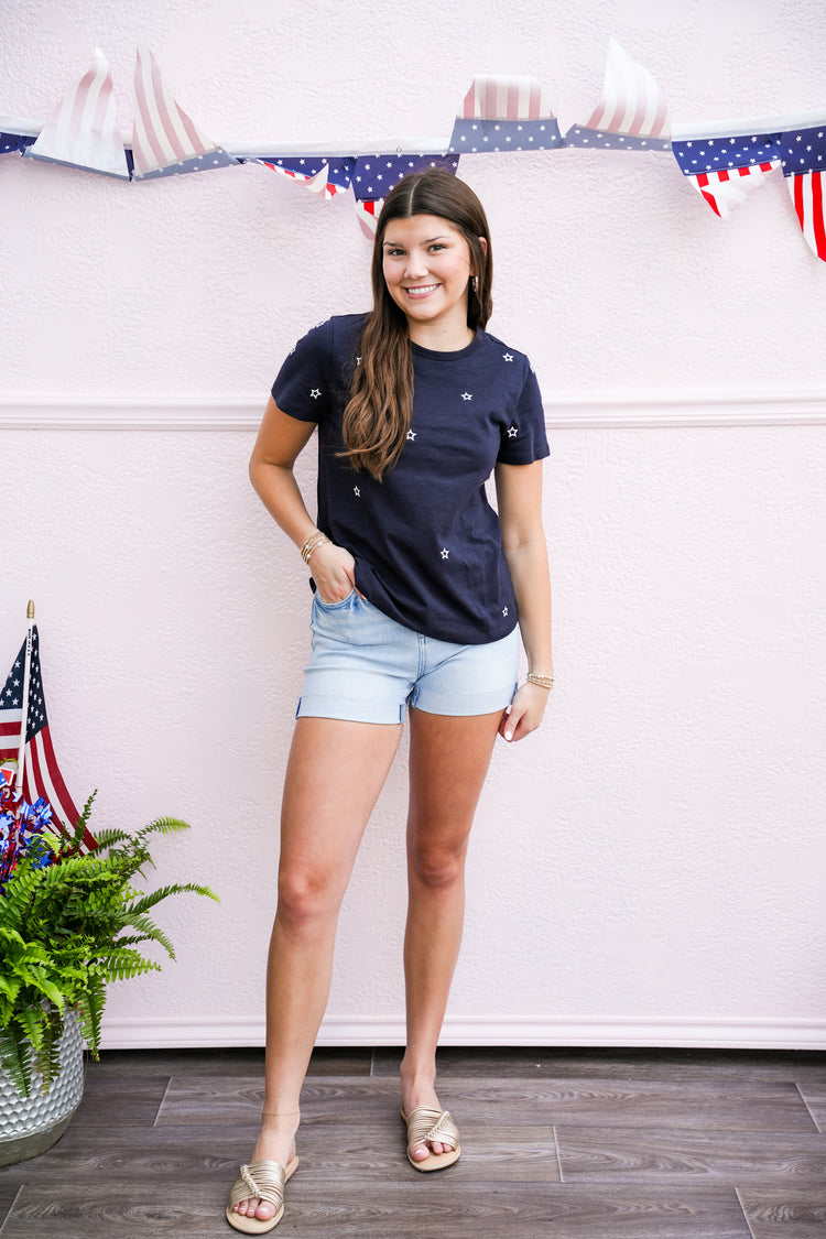 Star Embroidered Cotton Tee - Navy