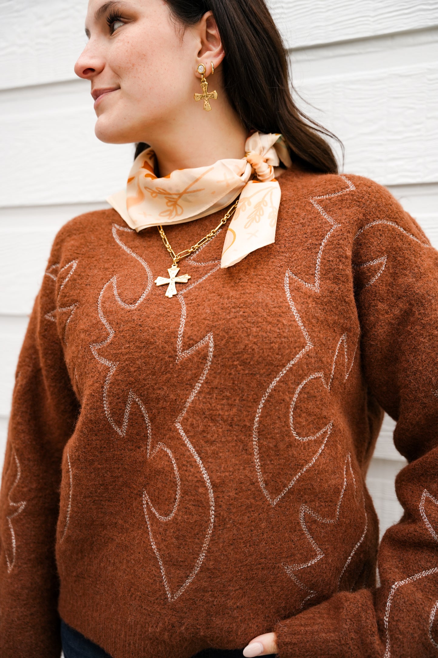 Western Boots Stitched Sweater - Southern Belle Boutique