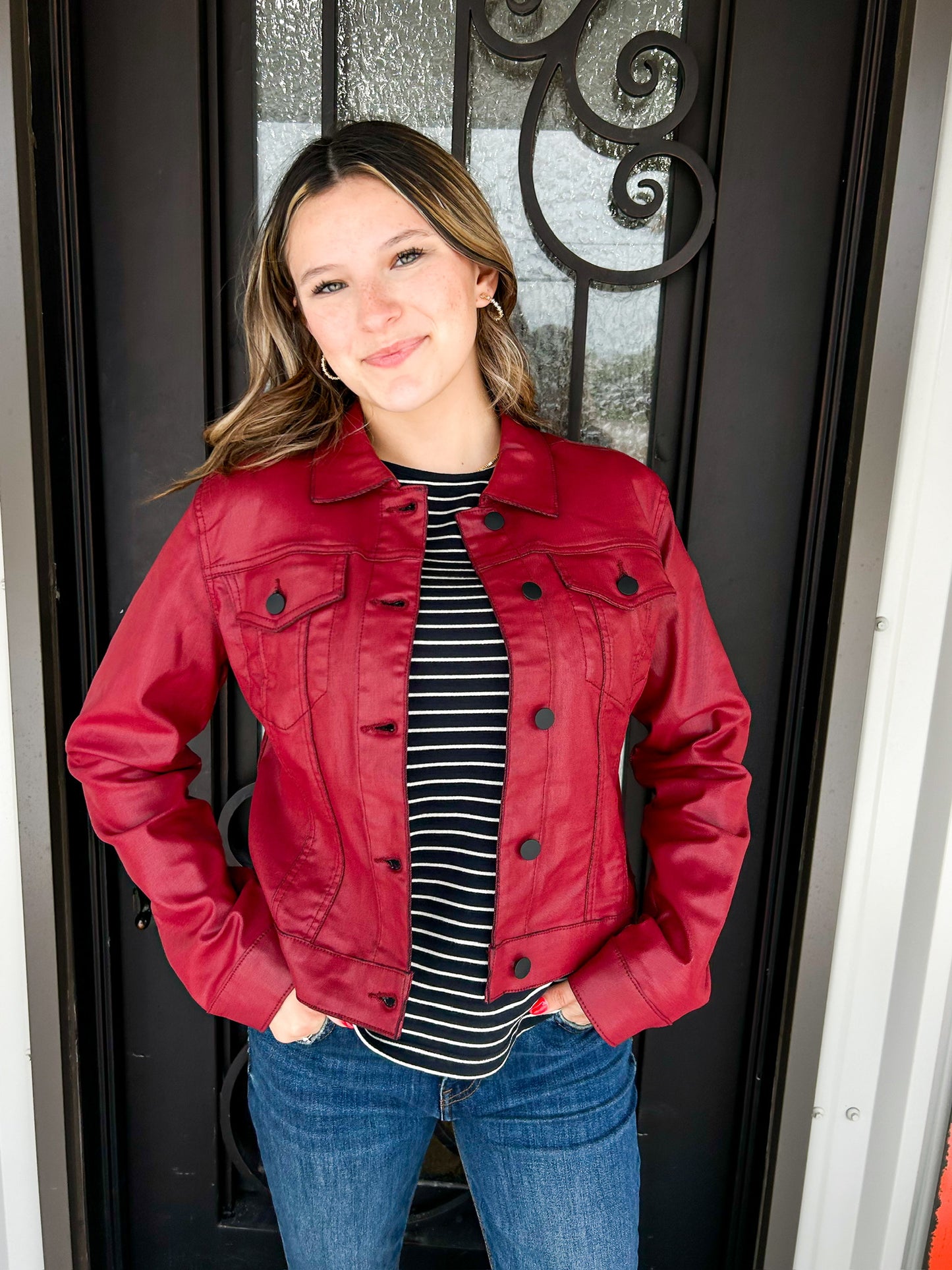 Julia Coated Crop Denim Trucker Jacket - Red M - Southern Belle Boutique
