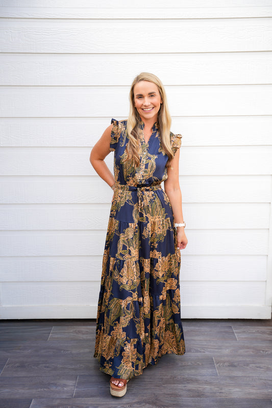 Gold Ink Floral Tiered Maxi Dress