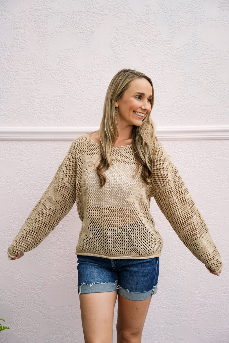 Beige Flower Crochet Stitch Sweater