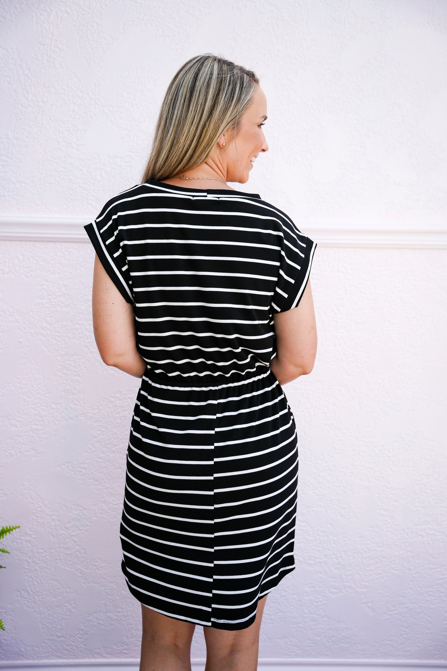 Black White Striped Drawstring Waist Dress - Southern Belle Boutique