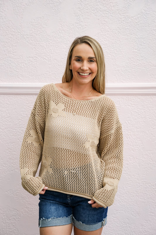 Beige Flower Crochet Stitch Sweater - Southern Belle Boutique
