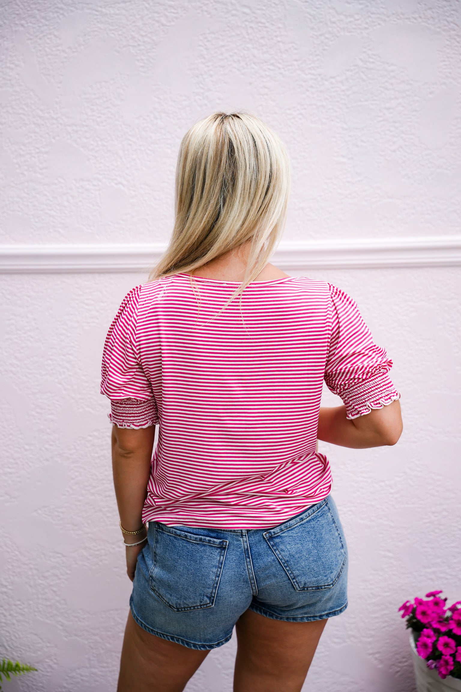 Smocked Cuff Puff Sleeve Striped Top - Fuchsia - Southern Belle Boutique