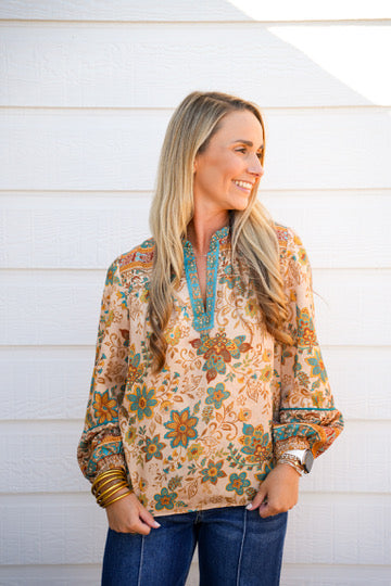 Taupe Teal Paisley Border Printed Top