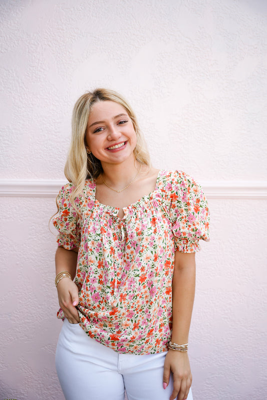 Pink Ivory Ruffled Tie Neck Blouse - Southern Belle Boutique