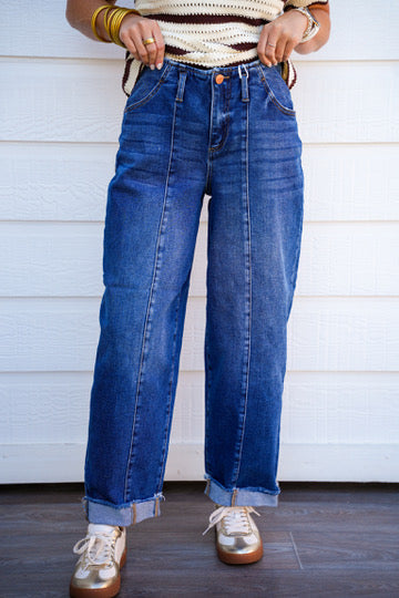 High Rise Fit Barrel Cuffed Jean - Dark Wash