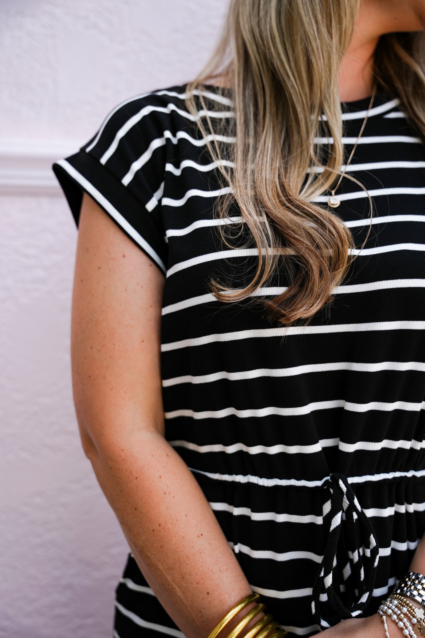 Black White Striped Drawstring Waist Dress - Southern Belle Boutique