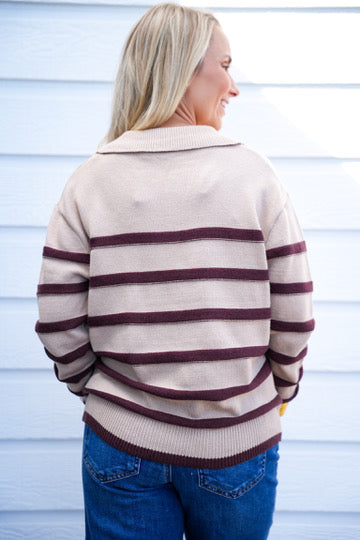 Brown Striped VNeck Sweater