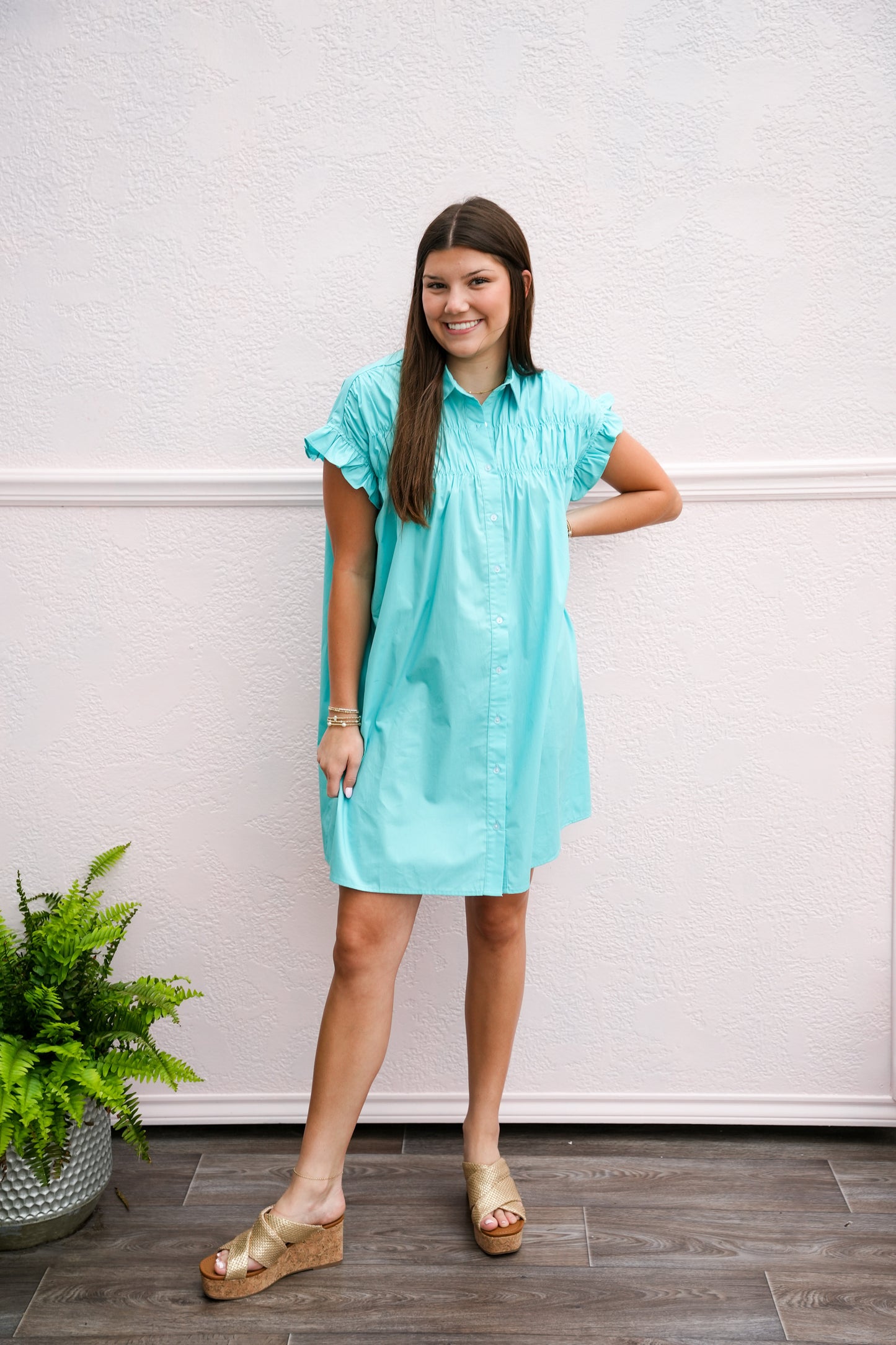 Turquoise Gathered Shirt Dress - Southern Belle Boutique