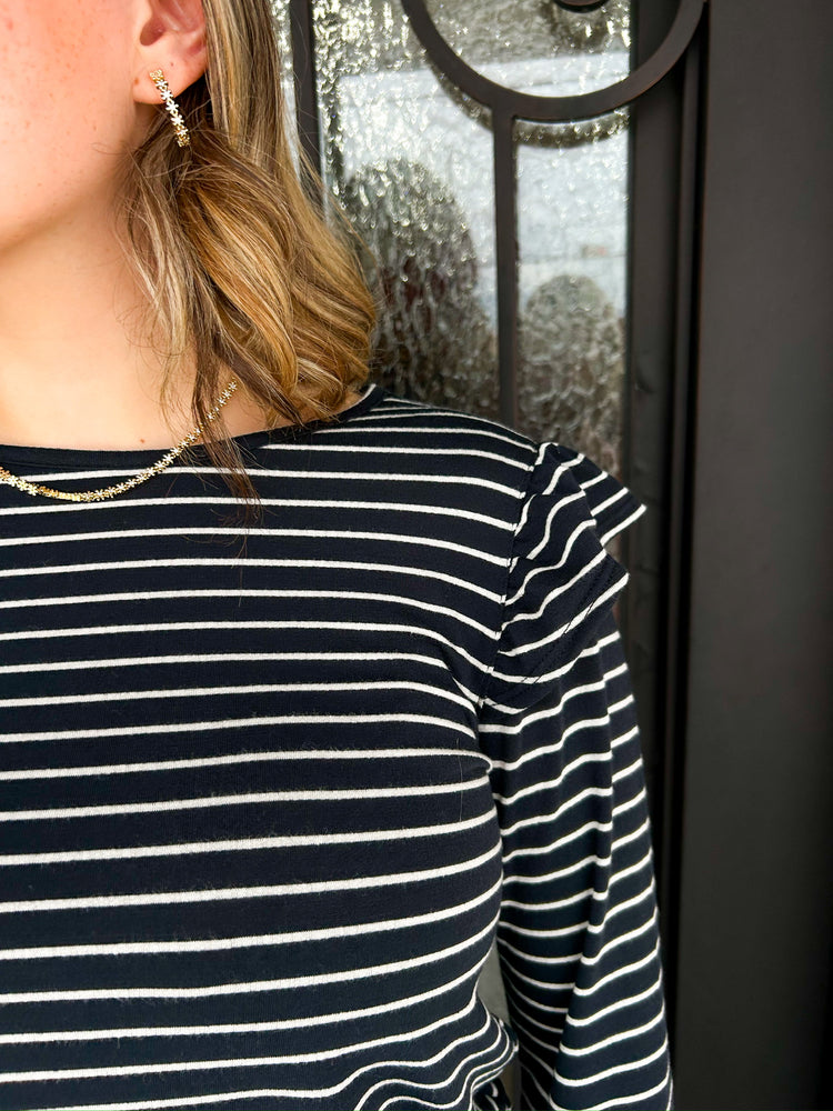 Black White Stripe Ruffle Sleeve Blouse - Southern Belle Boutique