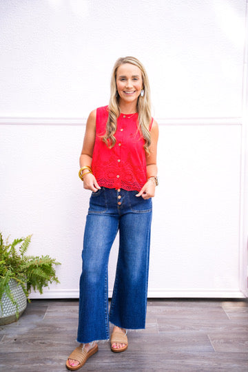 Risen High Rise Crop Wide Button Up Jean - Dark