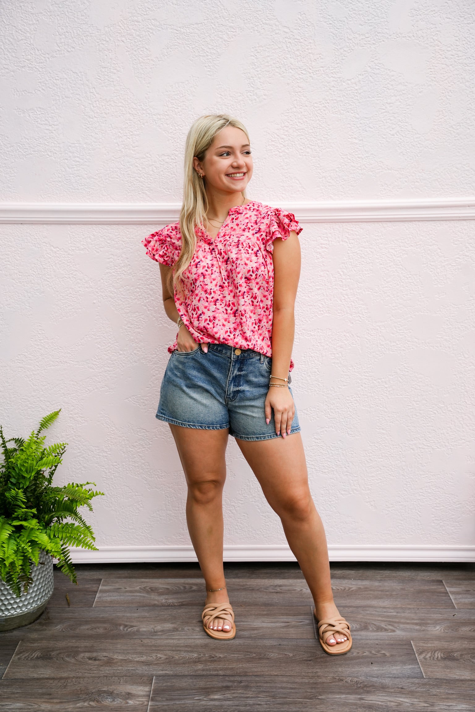 Fuchsia Floral Print Split V-Neck Ruffled Sleeve Top - Southern Belle Boutique