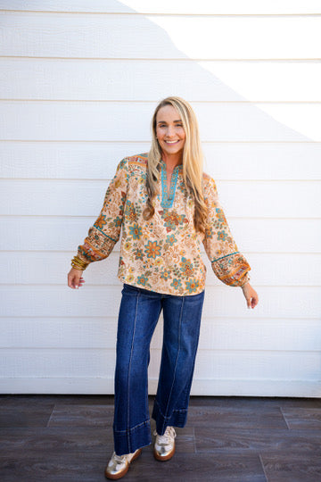 Taupe Teal Paisley Border Printed Top
