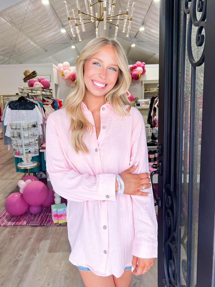 Watermelon Pink Gauze Button Down - Southern Belle Boutique