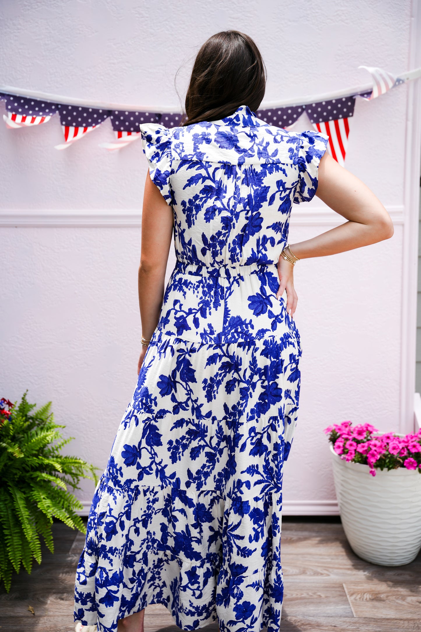 Blue Floral Printed Tiered Maxi Dress