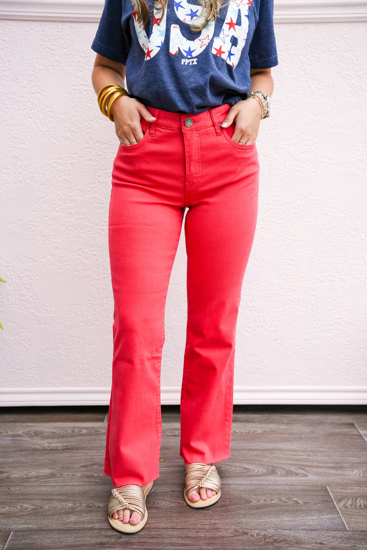 Kelsey High Rise Ankle Flare Jean - Strawberry