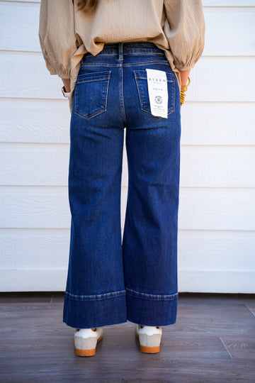 Tummy Control Mid Rise Crop Wide Pintuck Front Jeans - Deep Blue