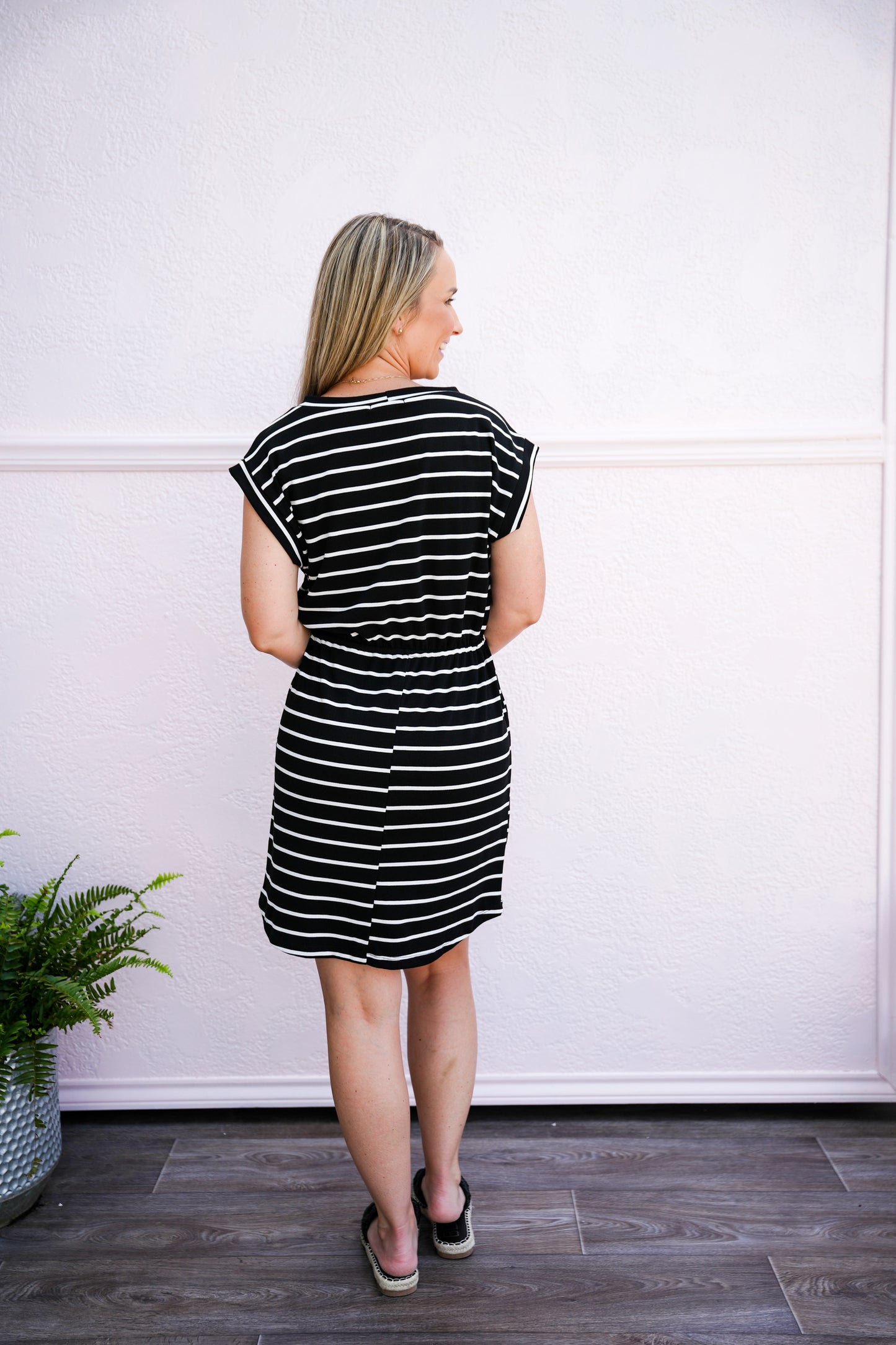 Black White Striped Drawstring Waist Dress - Southern Belle Boutique