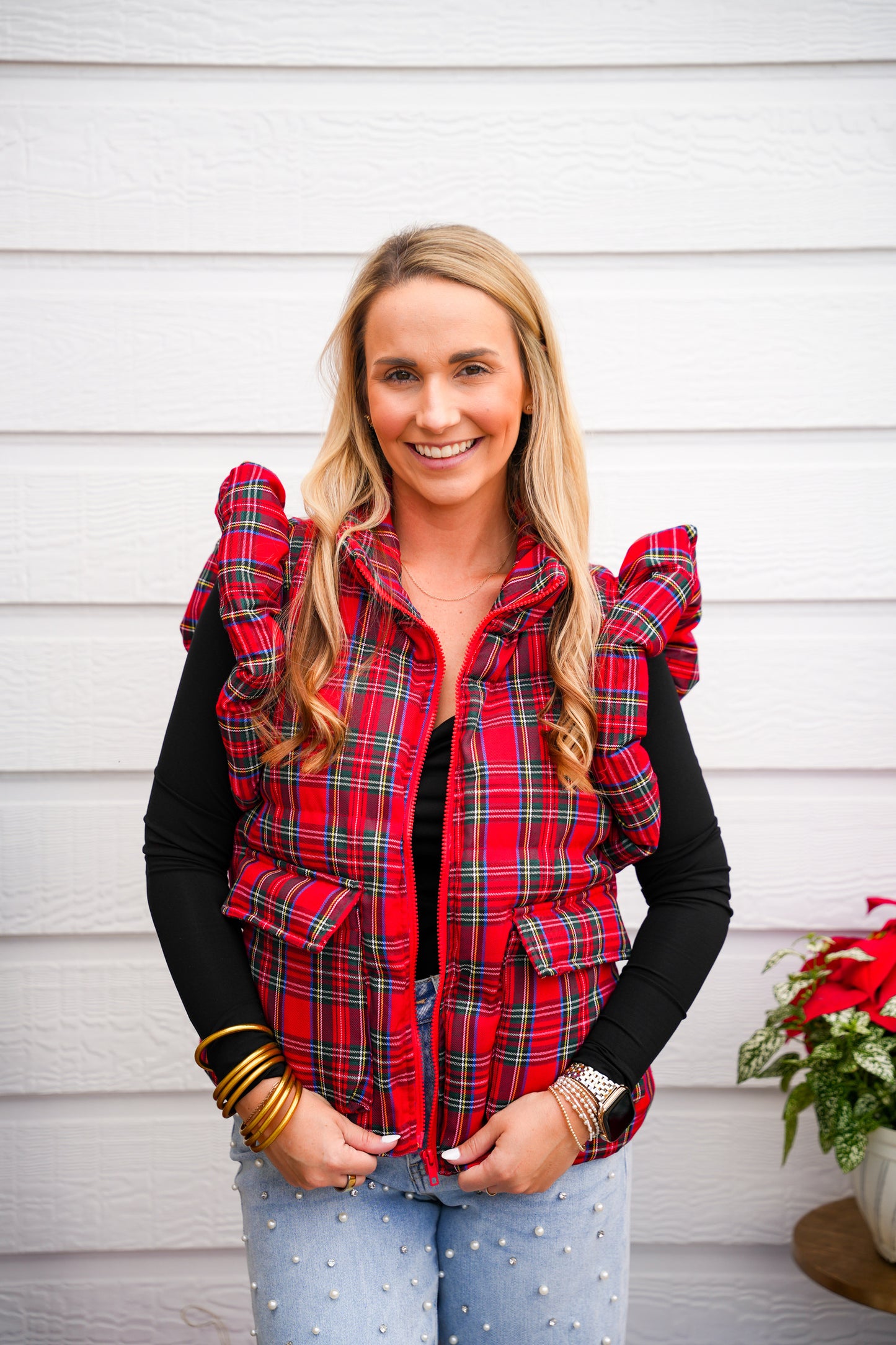 Red Christmas Plaid Puffer Vest