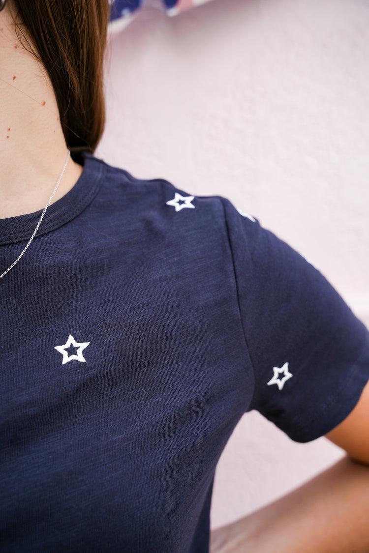 Star Embroidered Cotton Tee - Navy