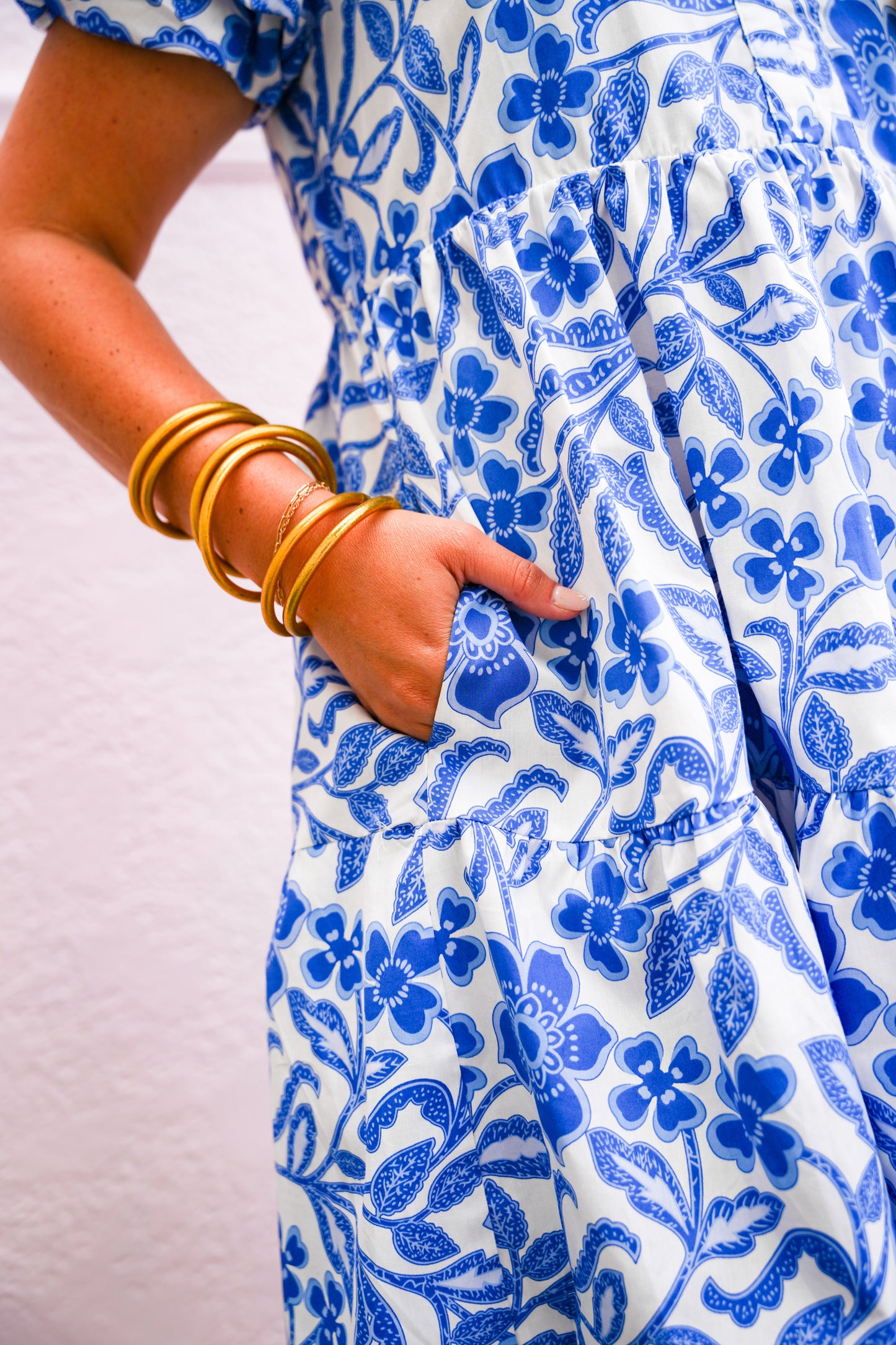 Blue Flower Print Tiered Dress