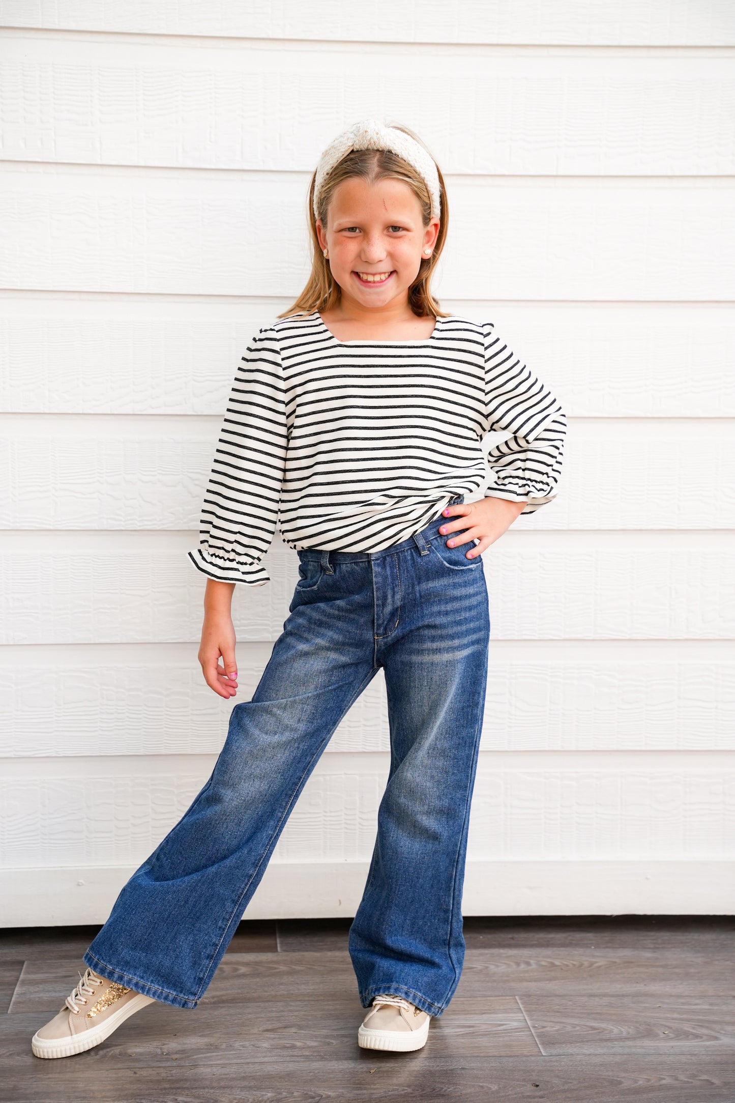 White Black Striped Square Neck Top