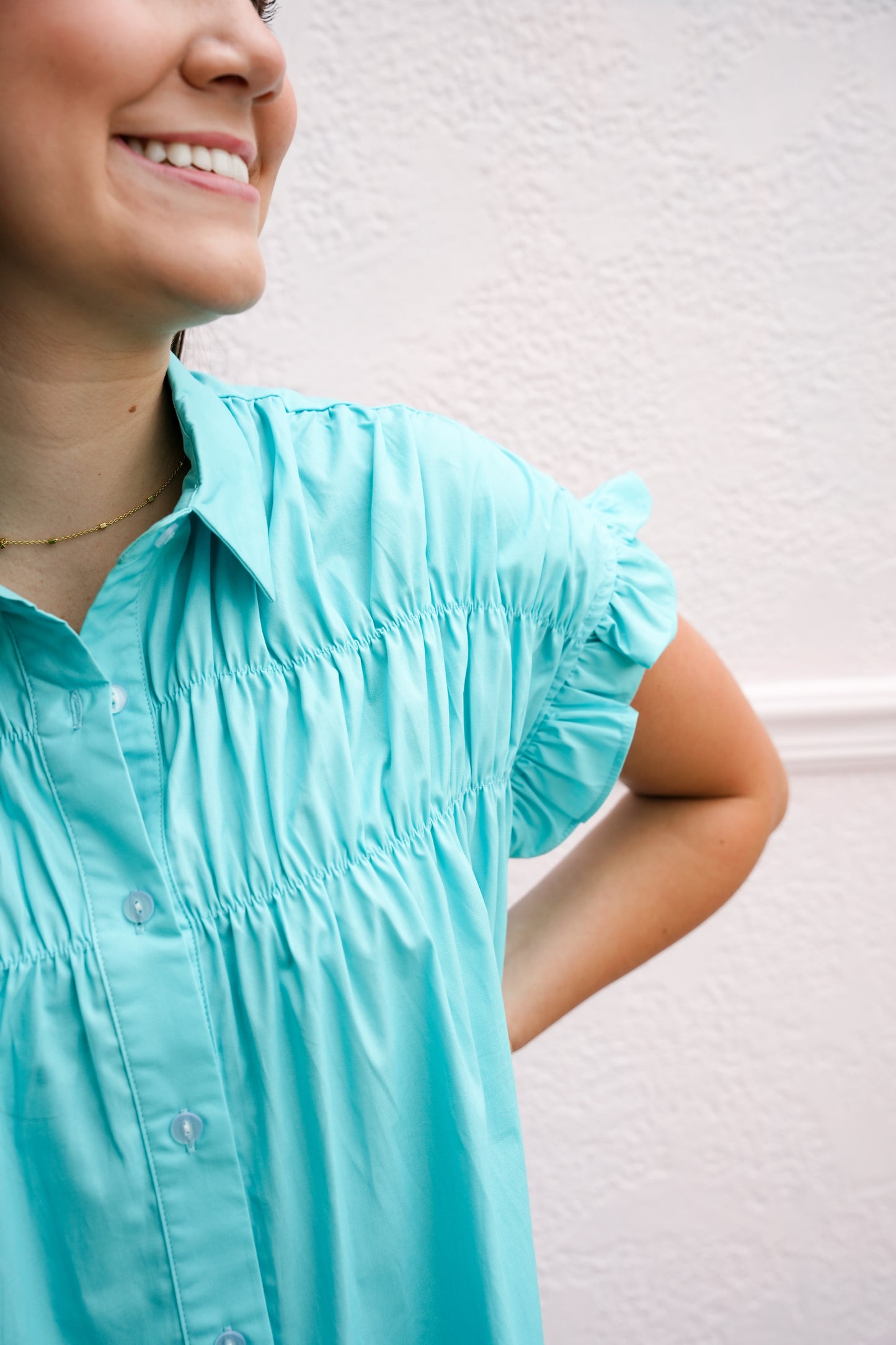 Turquoise Gathered Shirt Dress - Southern Belle Boutique