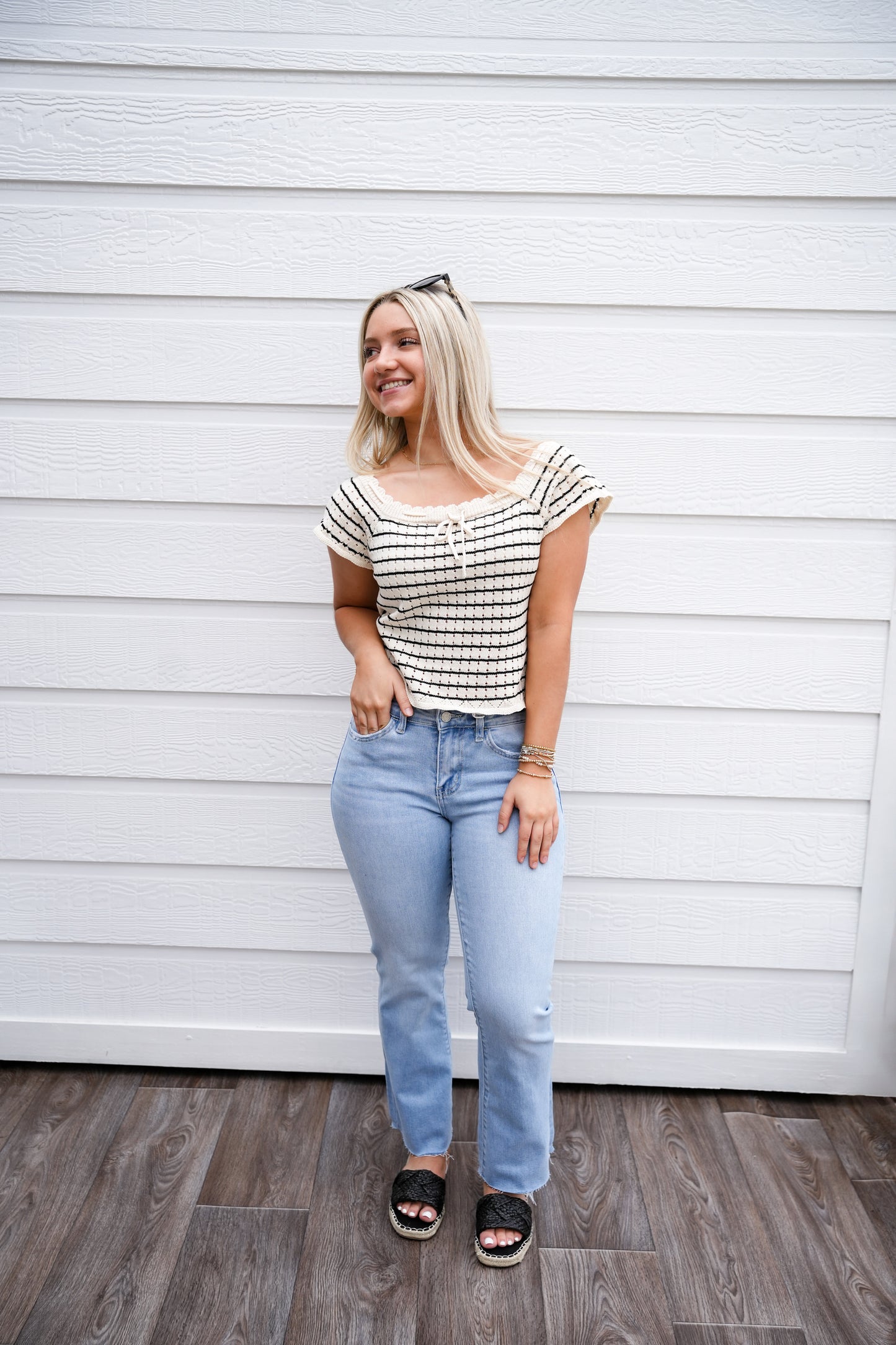 Cream Vintage Striped Crochet Knit Top - Southern Belle Boutique