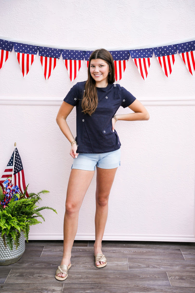 Star Embroidered Cotton Tee - Navy