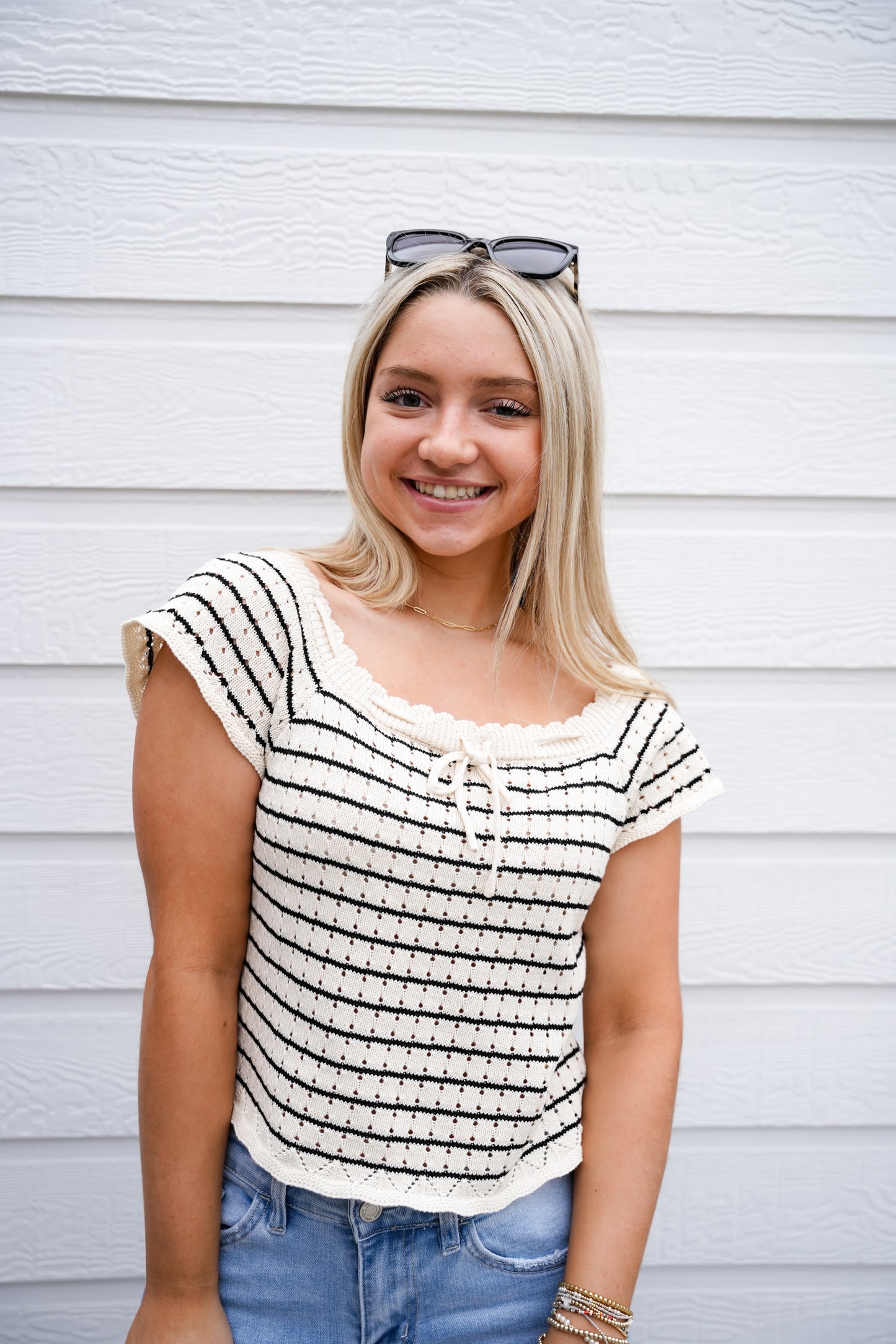 Cream Vintage Striped Crochet Knit Top - Southern Belle Boutique