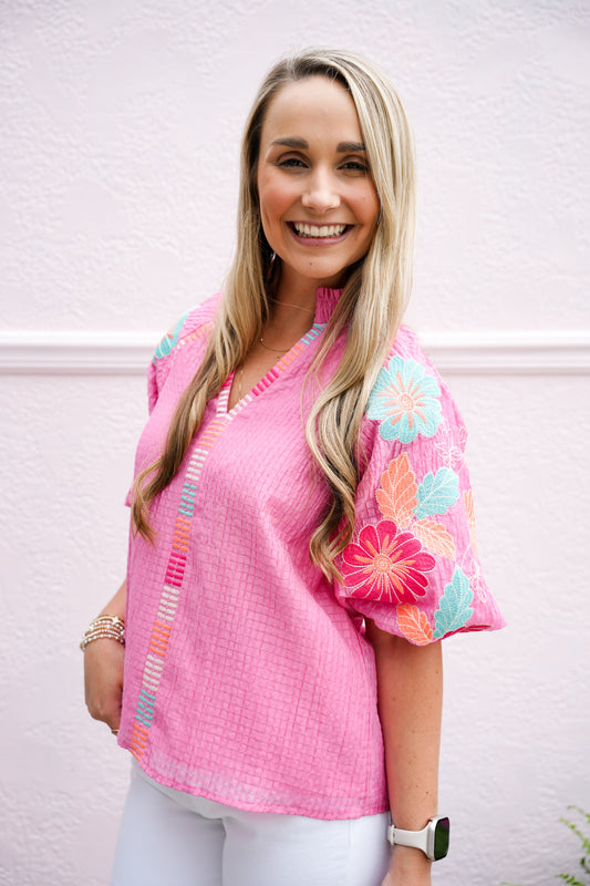 Embroidered Puff Sleeve Textured Top - Pink - Southern Belle Boutique