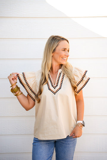 Flutter Sleeve Embroidered Trim Top In Taupe