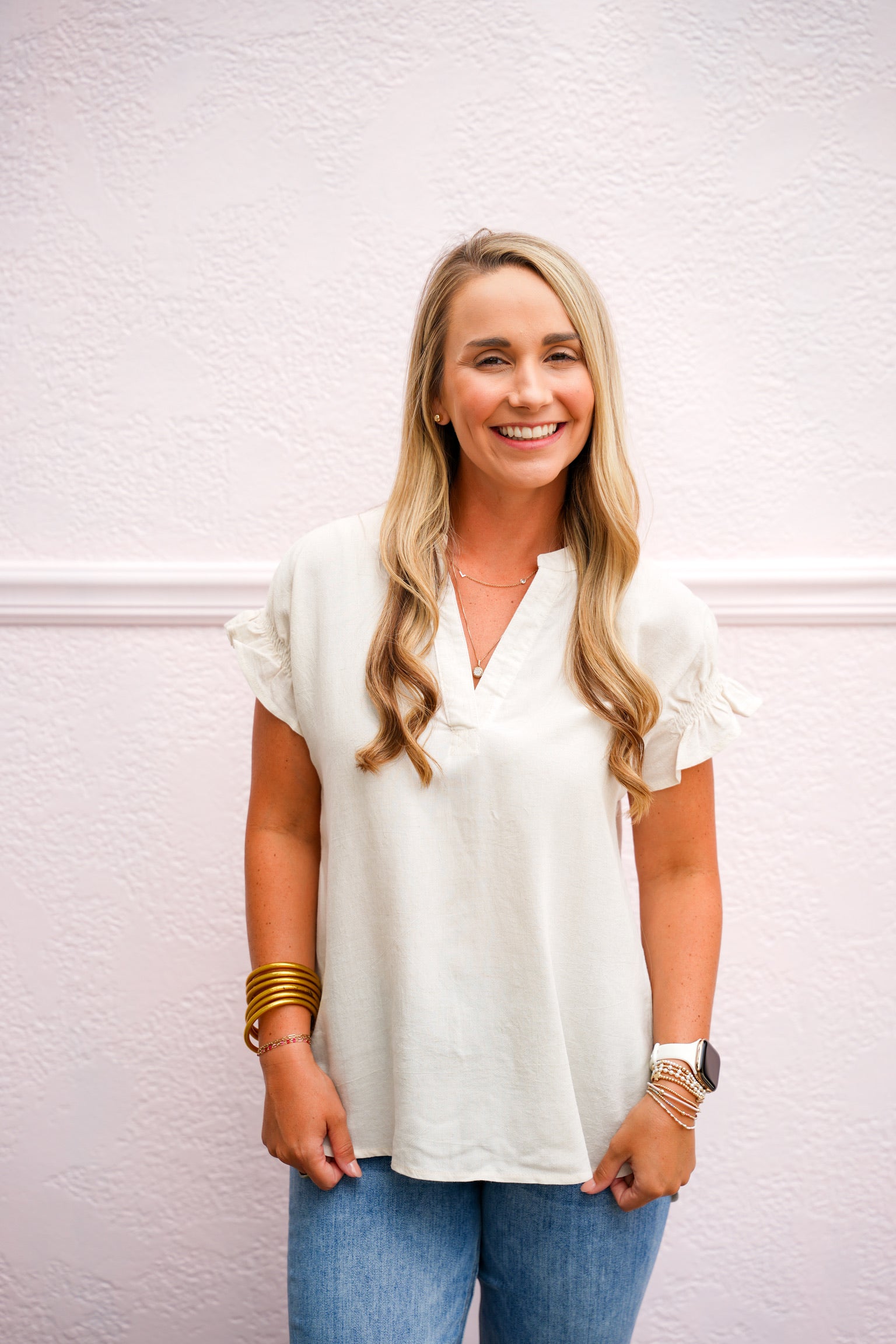 Natural VNeck Blouse - Southern Belle Boutique