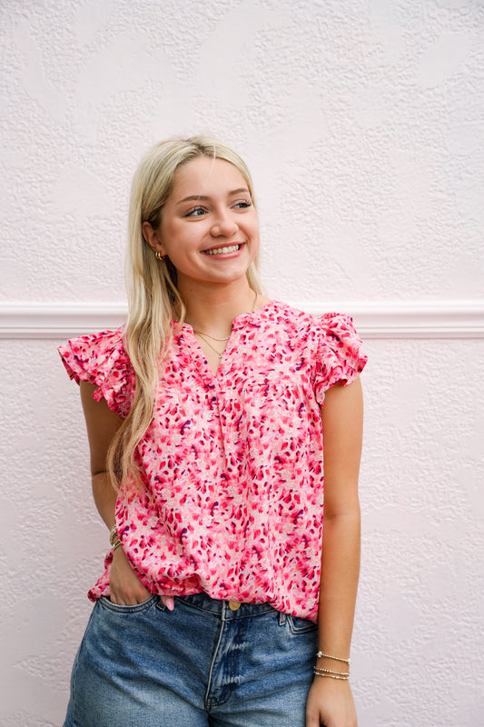 Fuchsia Floral Print Split V-Neck Ruffled Sleeve Top - Southern Belle Boutique