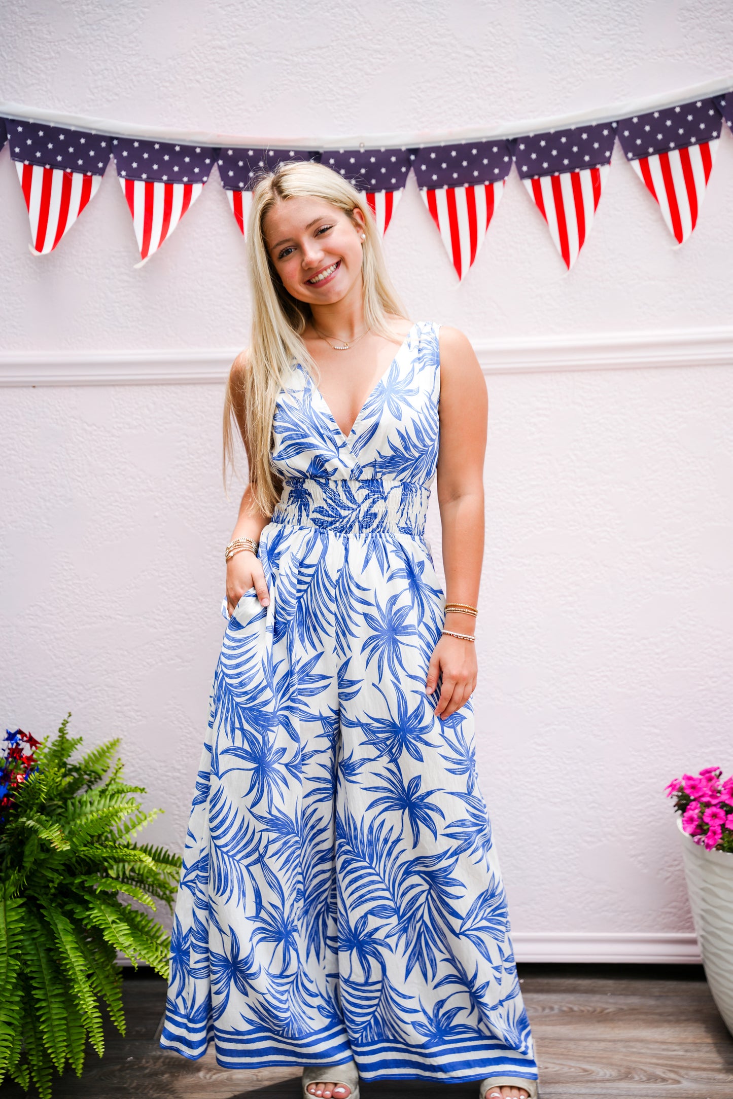 Tropical Print Royal Blue Jumpsuit