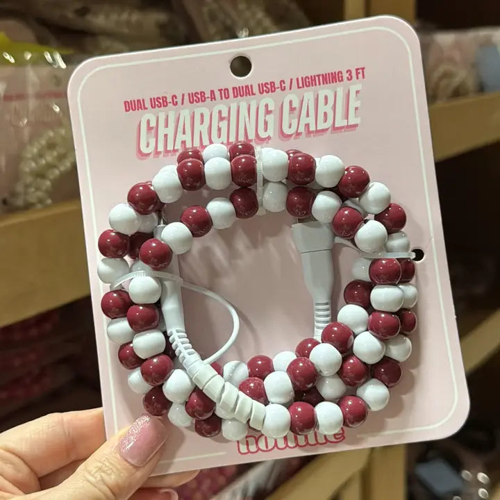 Beaded Cable Phone Charger - Maroon & White - Southern Belle Boutique