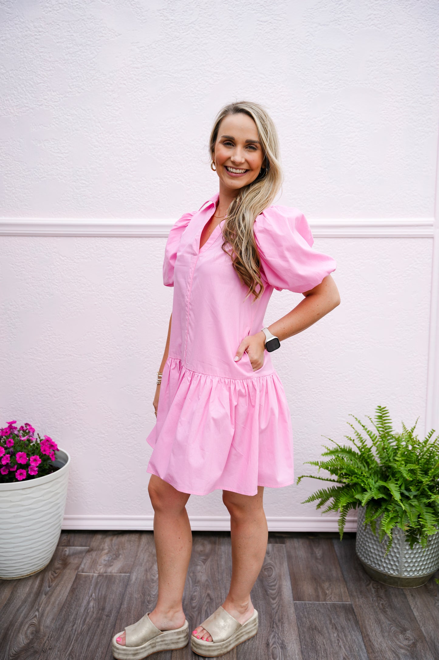 Collared Tiered Mini Dress - Pink - Southern Belle Boutique