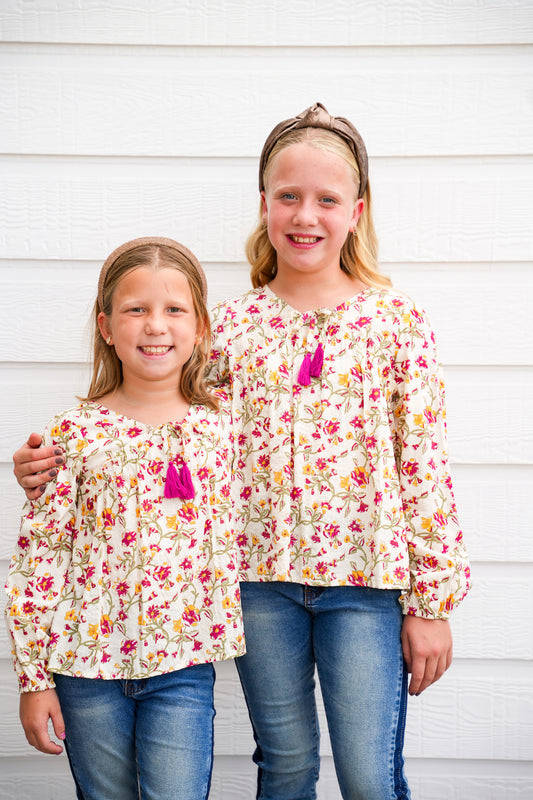 Cream Floral Tasseled Top - Southern Belle Boutique