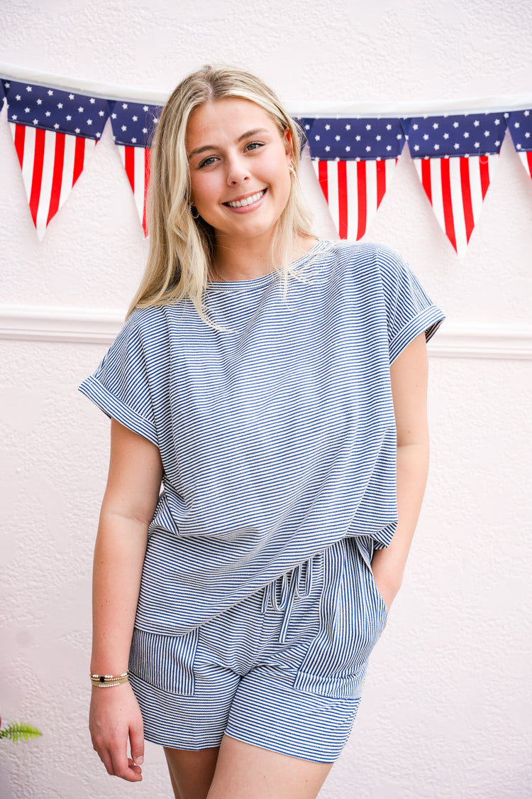 Navy Striped French Terry Short Set