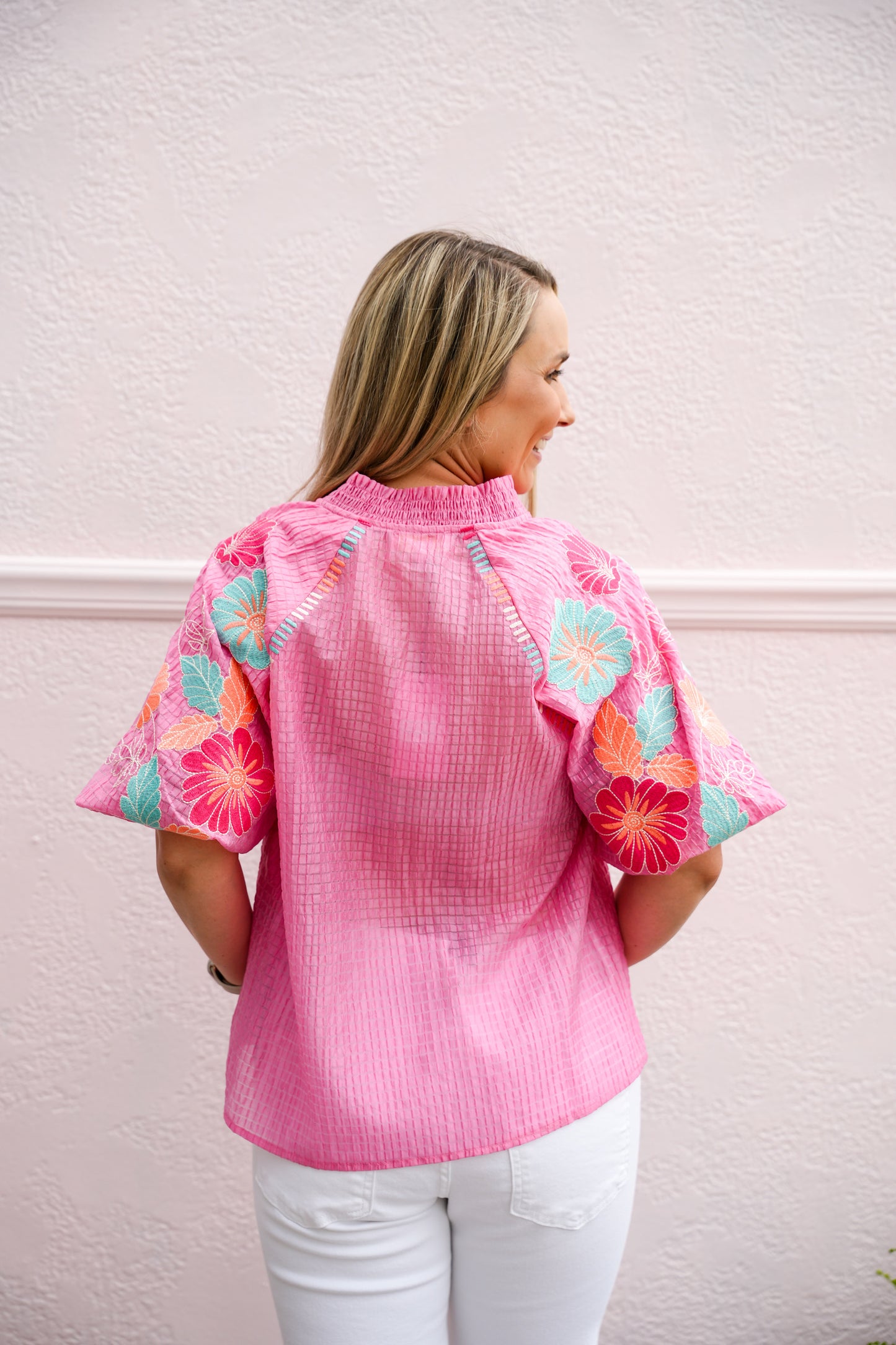 Embroidered Puff Sleeve Textured Top - Pink - Southern Belle Boutique