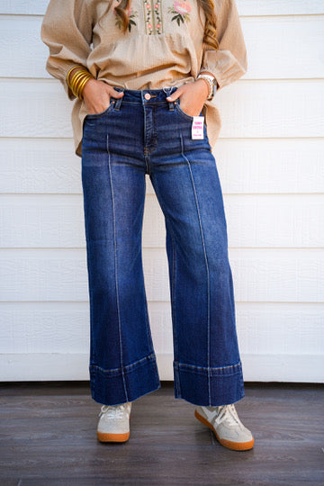 Tummy Control Mid Rise Crop Wide Pintuck Front Jeans - Deep Blue