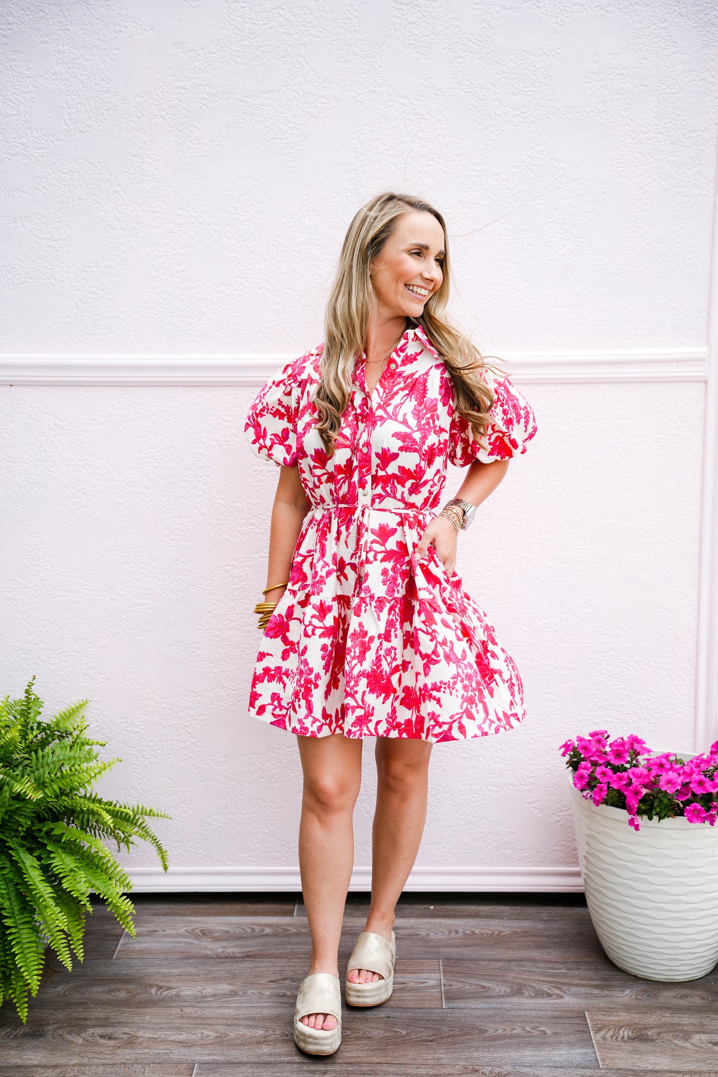 Pink Floral Button Down Mini Dress