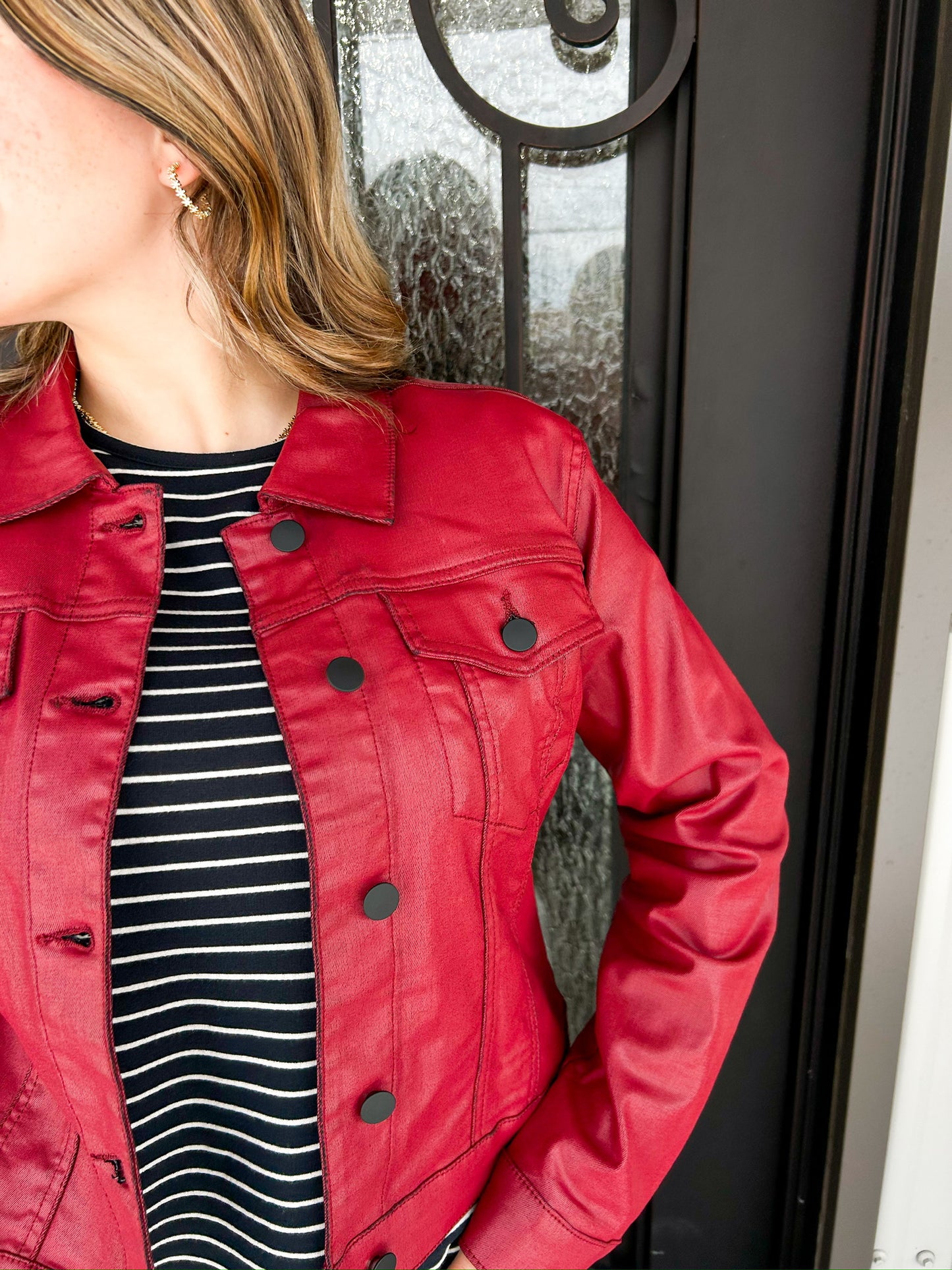 Julia Coated Crop Denim Trucker Jacket - Red M - Southern Belle Boutique