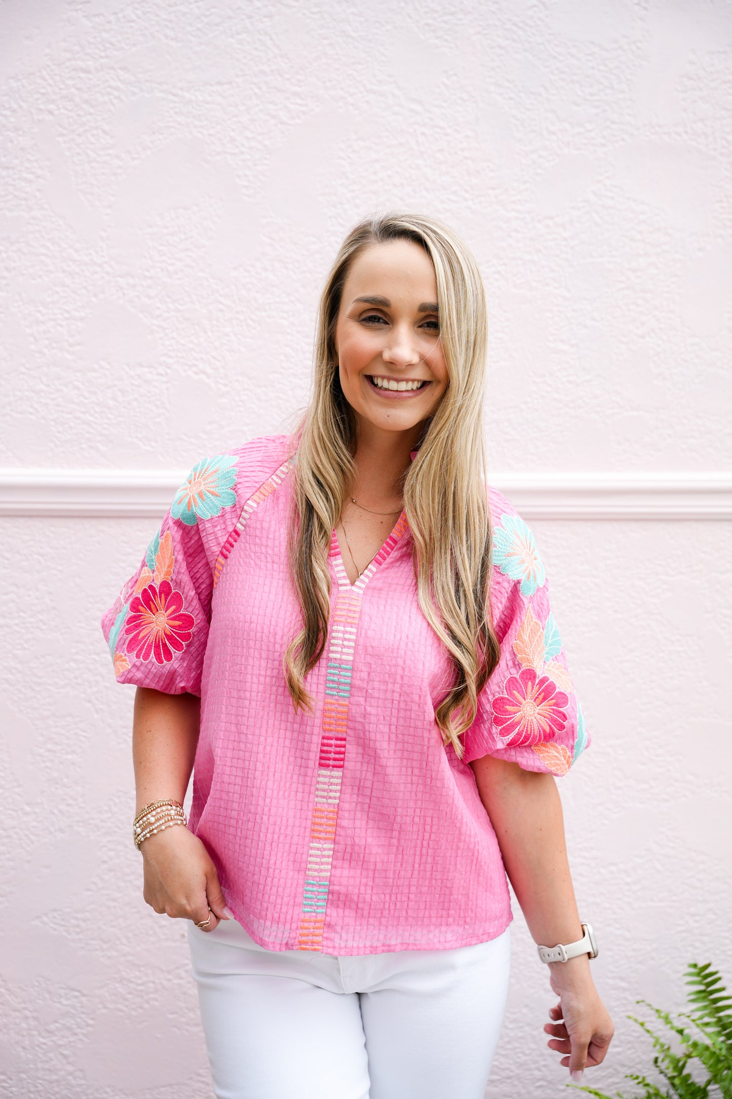 Embroidered Puff Sleeve Textured Top - Pink - Southern Belle Boutique